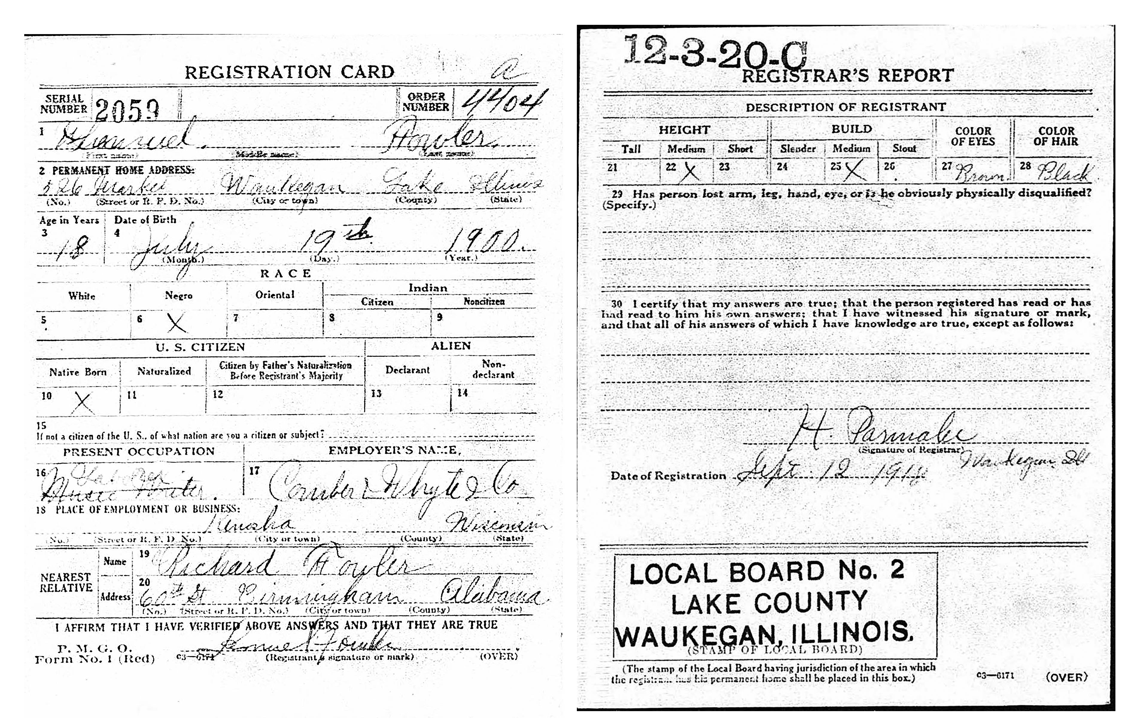 Lemuel Fowler WWI Draft Registration, Waukegan, IL, September 1918